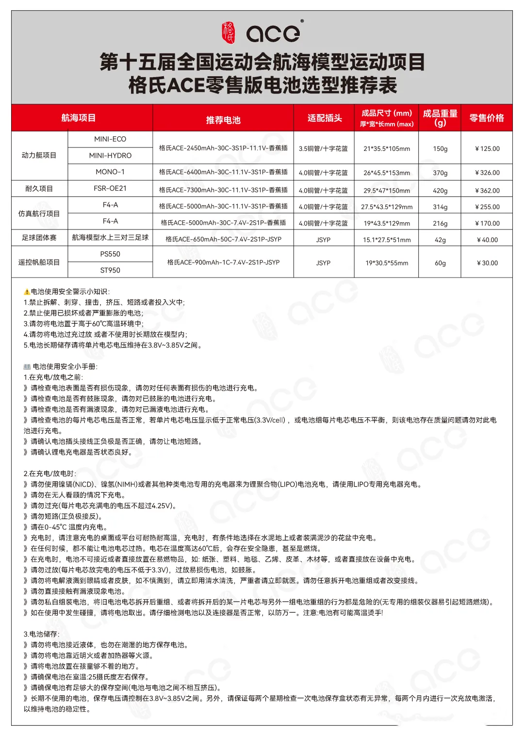 航海模型項(xiàng)目-格氏電池選型推薦表